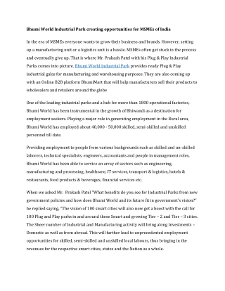 Bhumi World Industrial Park creating opportunities for MSMEs of India