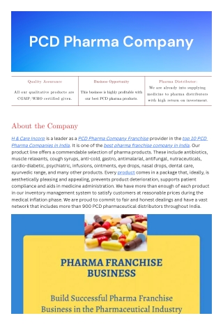 Top PCD Pharmaceutical company in India | H & Care Incorp