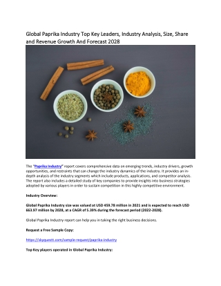Global Paprika Industry Top Key Leaders, Industry Analysis, Size, Shares.