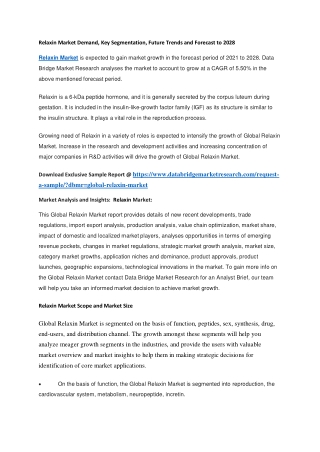 Relaxin Market Demand, Key Segmentation, Future Trends and Forecast to 2028