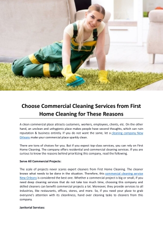 Choose Commercial Cleaning Services from First Home Cleaning for These Reasons
