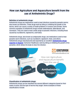 How can Agriculture and Aquaculture benefit from the use of Anthelmintic Drugs