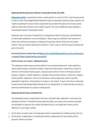 Abatacept Market Expected to Witness a Sustainable Growth over 2029