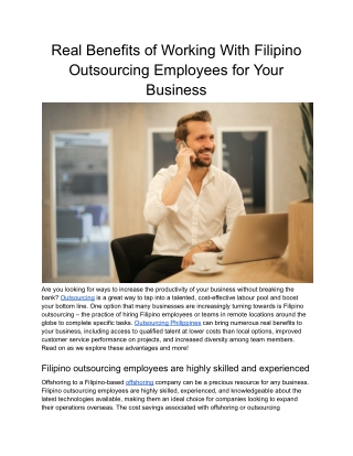 Real Benefits of Working With Filipino Outsourcing Employees for Your Business