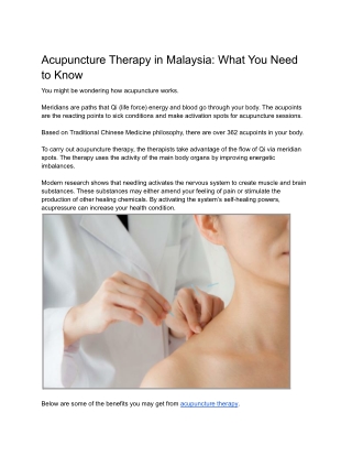 Acupuncture Therapy in Malaysia How it Works