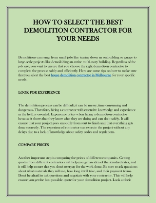 HOW TO SELECT THE BEST DEMOLITION CONTRACTOR FOR YOUR NEEDS
