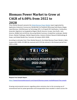 Biomass Power Market to Grow at CAGR of 6.08% from 2022 to 2028