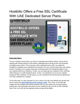 Hostbillo Offers a Free SSL Certificate with UAE Dedicated Server Plans