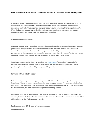 How Tradewind Stands Out from Other International Trade Finance Companies