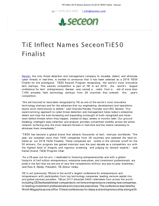 TiE Inflect Names Seceon TiE50 Finalist - Seceon