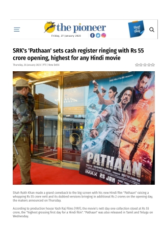 SRK's 'Pathaan' sets cash register ringing with Rs 55 crore opening, highest for any Hindi movie