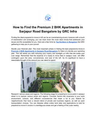 How to Find the Premium 2 BHK Apartments in Sarjapur Road Bangalore by GRC Infra