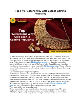 Top Five Reasons Why Gold Loan is Gaining Popularity