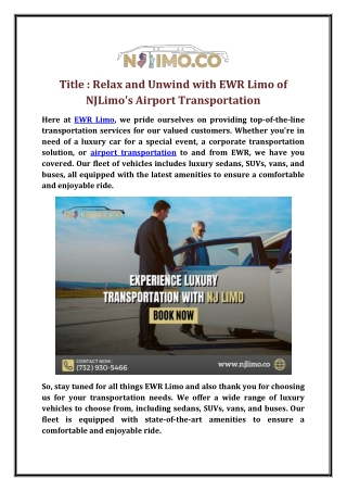 Relax and Unwind with EWR Limo of NJLimo's Airport Transportation