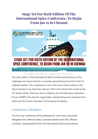 Stage Set For Sixth Edition Of The International Spice Conference, To Begin From Jan 19 In Chennai