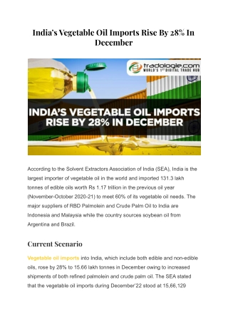 India’s Vegetable Oil Imports Rise By 28% In December