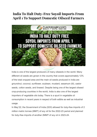 India To Halt Duty-Free Soyoil Imports From April 1 To Support Domestic Oilseed Farmers