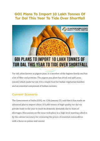GOI Plans To Import 10 Lakh Tonnes Of Tur Dal This Year To Tide Over Shortfall