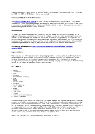 Global Analysis and Forecast for the Transparent Plastics Market, 2022–2029
