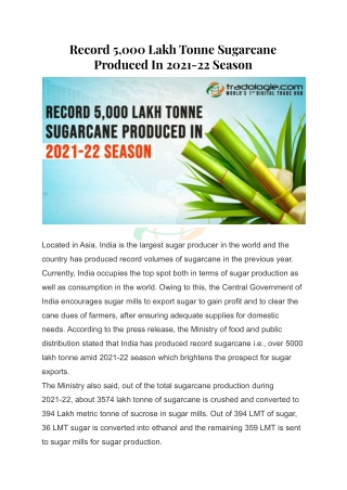 Record 5,000 Lakh Tonne Sugarcane Produced In 2021-22 Season