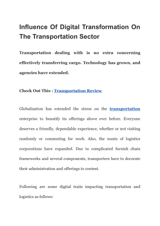 Influence Of Digital Transformation On The Transportation Sector