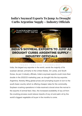 India’s Soymeal Exports To Jump As Drought Curbs Argentine Supply – Industry Officials