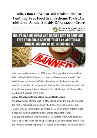 India’s Ban On Wheat And Broken Rice To Continue, Free Food Grain Scheme To Get An Additional Annual Subsidy Of Rs 14,00