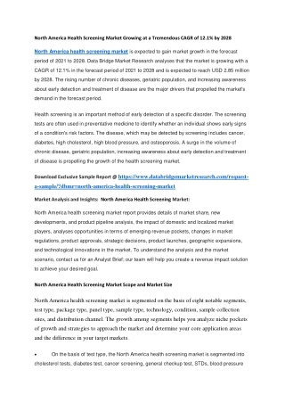 North America Health Screening Market Growing at a Tremendous CAGR of 12.1 by 2028