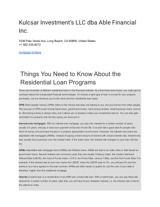 Kulcsar Investment’s LLC dba Able Financial Inc