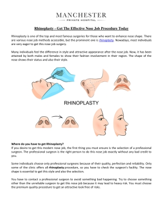 Rhinoplasty - Get The Effective Nose Job Procedure Today