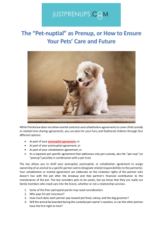 The PET NUPTIAL AS PRENUP OR HOW TO ENSURE YOUR PETS CARE AND FUTURE