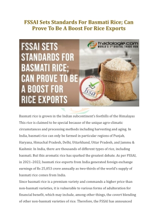 FSSAI Sets Standards For Basmati Rice; Can Prove To Be A Boost For Rice Exports