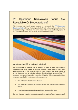 PP Spunbond Non-Woven Fabric Are Recyclable Or Biodegradable