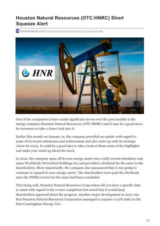 Houston Natural Resources (OTC:HNRC) Short Squeeze Alert