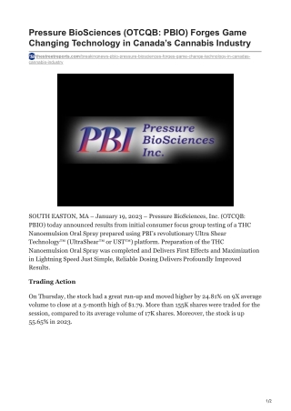 Pressure BioSciences (OTCQB- PBIO) Forges Game Changing Technology in Canada’s Cannabis Industry