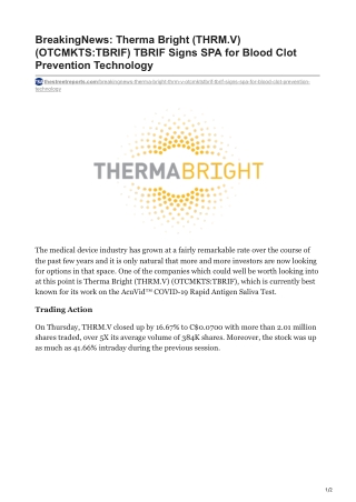 BreakingNews- Therma Bright (THRM.V) (OTCMKTS-TBRIF) TBRIF Signs SPA for Blood Clot Prevention Technology