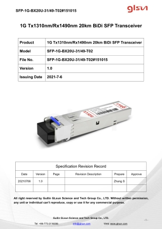 1G Tx1310nm/Rx1490nm 20km BiDi SFP Transceiver