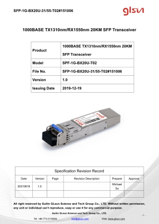 1000BASE TX1310nm/RX1550nm 20KM SFP Transceiver