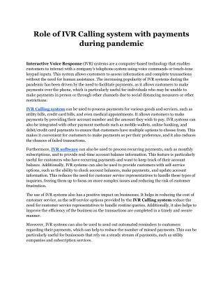 Role of IVR Calling system with payments during pandemic