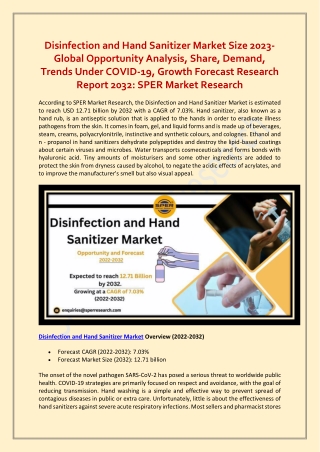 Disinfection and Hand Sanitizer Market Size 2023-2032: SPER Market Research