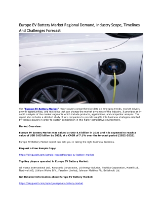 Europe EV Battery Market Regional Demand, Industry Scope, Timelines & Challenges
