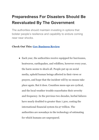 Preparedness For Disasters Should Be Reevaluated By The Government
