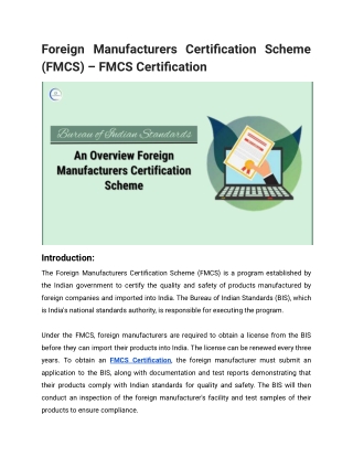 Foreign Manufacturers Certification Scheme (FMCS) – FMCS Certification