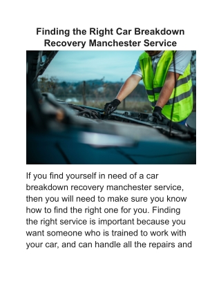 Finding the Right Car Breakdown Recovery Manchester Service