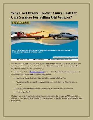 Why Car Owners Contact Amiry Cash for Cars Services For Selling Old Vehicles?