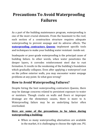 Precautions To Avoid Waterproofing Failures