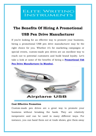 The Benefits Of Hiring A Promotional USB Pen Drive Manufacturer