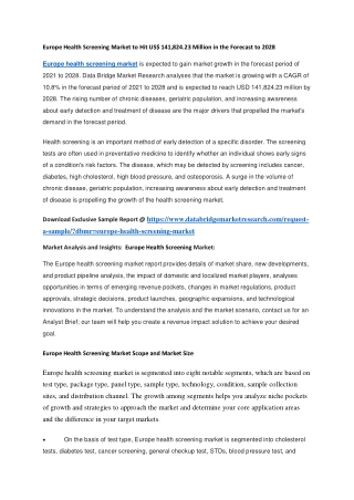 Europe Health Screening Market to Hit US 141,824.23 Million in the Forecast to 2028