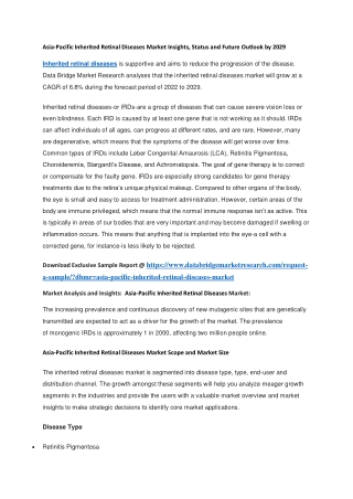 Asia-Pacific Inherited Retinal Diseases Market Insights, Status and Future Outlook by 2029