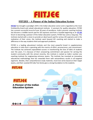 FIITJEE – A Pioneer of the Indian Education System